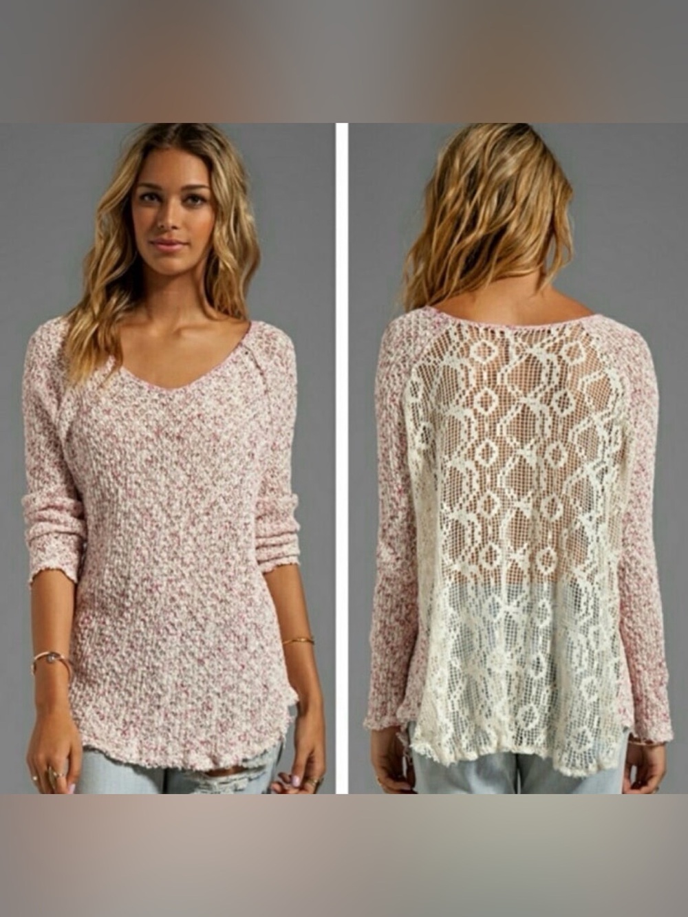 FREE PEOPLE Poppyseed Open Knit Crochet-Back Boho Oversized Marled Sz S Sweater